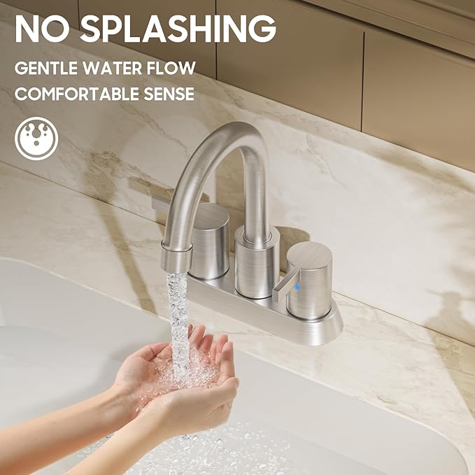 Phiestina Brushed Nickel 4 Inch 2 Handle Centerset Lead-Free Bathroom Sink Faucet, with Copper Pop Up Drain and Water Supply Lines,BF015-1-BN