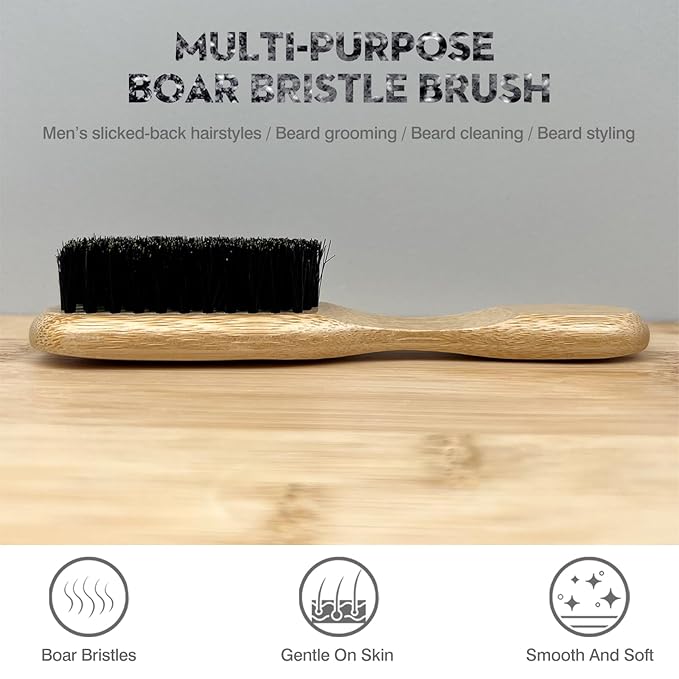 Men's Beard Brush with Natural Boar Bristles, Mustache Grooming and Styling Tool, Use with Beard Oils & Balms