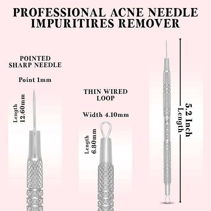 Milia & Whitehead Remover Lancet Tool – Double-Ended Angled Loop & Sharp Needle Extractor for Facial Blemish Extraction – Dermatologist-Inspired Design with Synthetic Leather Storage Case