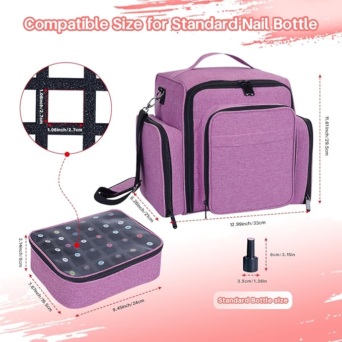 Nail Polish Organizer Storage Box, Holds 90 Bottles of Nail Polish, Portable Travel Case with 3 Separate Storage Bags, Can Be Used for Nail Art Supplies, Manicurists, etc Purple