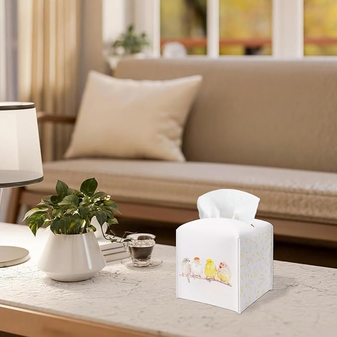 Cute Birds & Flowers Design Spring Tissue Box Cover - PU Leather Waterproof Tissue Holder - Facial Paper Organizer for Home Bathroom Office - Desk Seasonal Decorative Dispenser Box-B01