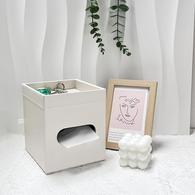 PU Leather Tissue Box Cover Square, Modern Tissue Holder with Storage Valet Tray, Nightstand Decorative Tissues Case, Facial Tissue Box Holder for Bathroom,Bedroom,Livingroom and Office (Beige)