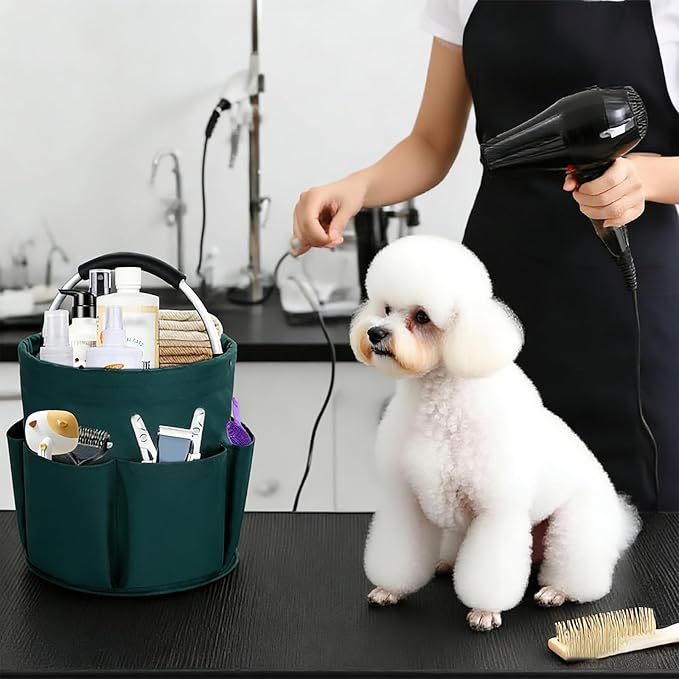 Felt Pet Dog Grooming Bag, Small Pet Grooming Tote Bag, 6-pocket Dog Grooming Supplies Organiser, Travel Outdoor Hold for Clippers Nail Grinder, Cleaning Brush, Trimmer, Nozzle, Green