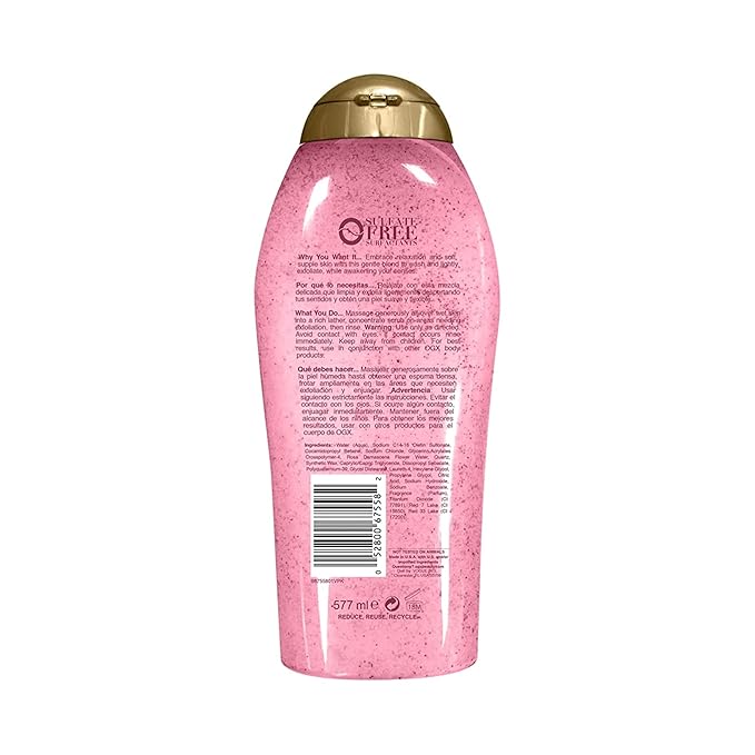 OGX Sensitive + Rose Water & Pink Sea Salt Exfoliating Body Scrub + Rose Quartz, Gentle Exfoliating Daily Wash Softens Skin, Body Scrub for Women, Sulfate-Free Surfactants, 19.5 fl oz (Pack of 3)
