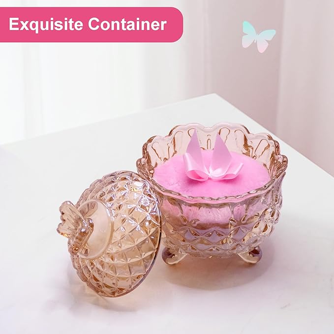 5 Pieces Large Body Powder Puff and Powder Container, Crystal Case for Dust Puff, Powder applicator with Box for Face and Body (Amber, Butterfly)