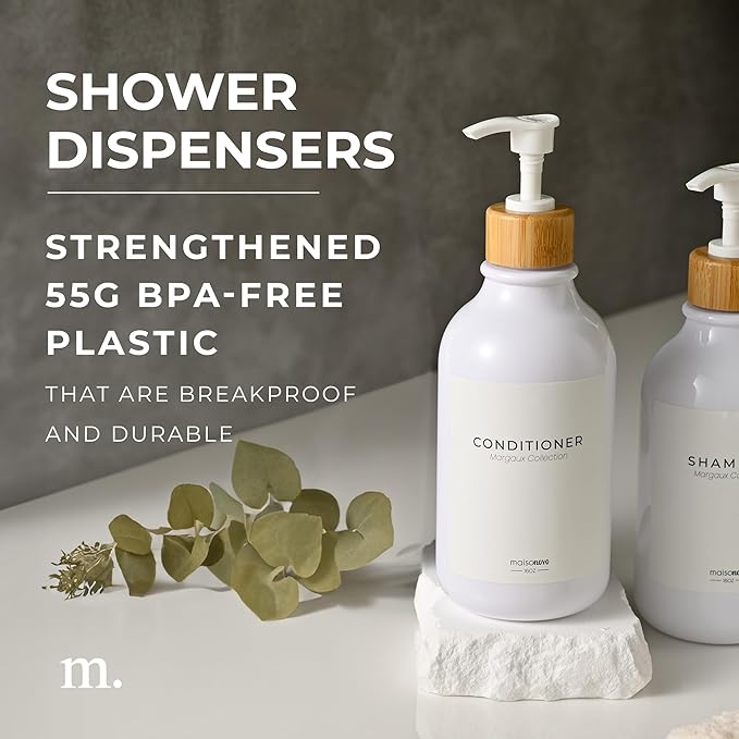 MaisoNovo Refillable Shampoo and Conditioner Bottles - 16.9 fl oz Set of 3 White Plastic Bottles White Bamboo Pumps