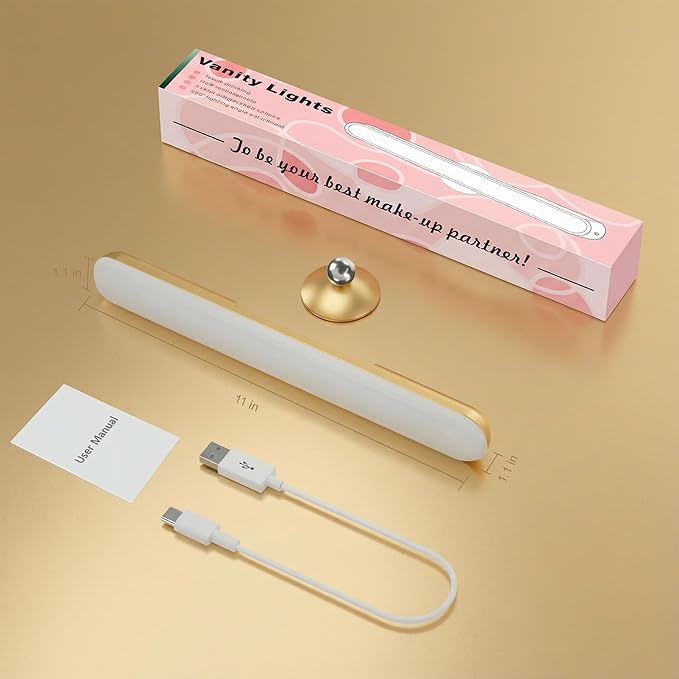 Wireless Vanity Lights for Mirror, Rechargeable Battery Operated Stick on Lamp, Adjustable Makeup Light, Cordless Magnetic LED Bar Renter Friendly Lighting Decor Gift, Gold