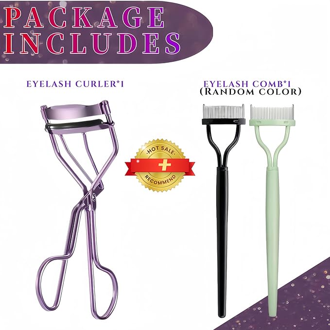 Professional Eyelash Curler with Lash Comb – Award-Winning Design – Pinch-Free, Effortless Curl for a Lash-Lift Effect in Seconds, Perfect for Home or Travel, Purple