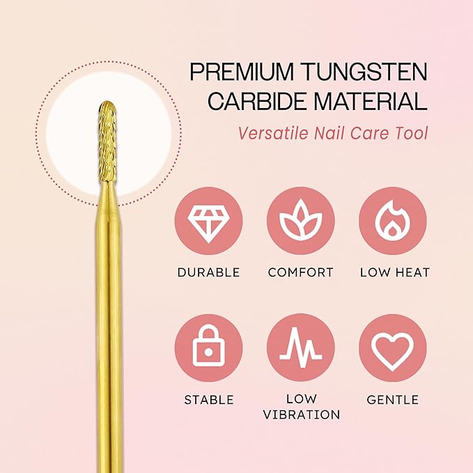 PANA 3/32" Carbide Cuticle Nail Drill Bit for Cuticle Cleaning, Dead Skin Removal, Gel Polish & Acrylic Removal, Under Nail Cleaner, Nail Salon, Manicure Tools (Round Bit - Gold, Medium)