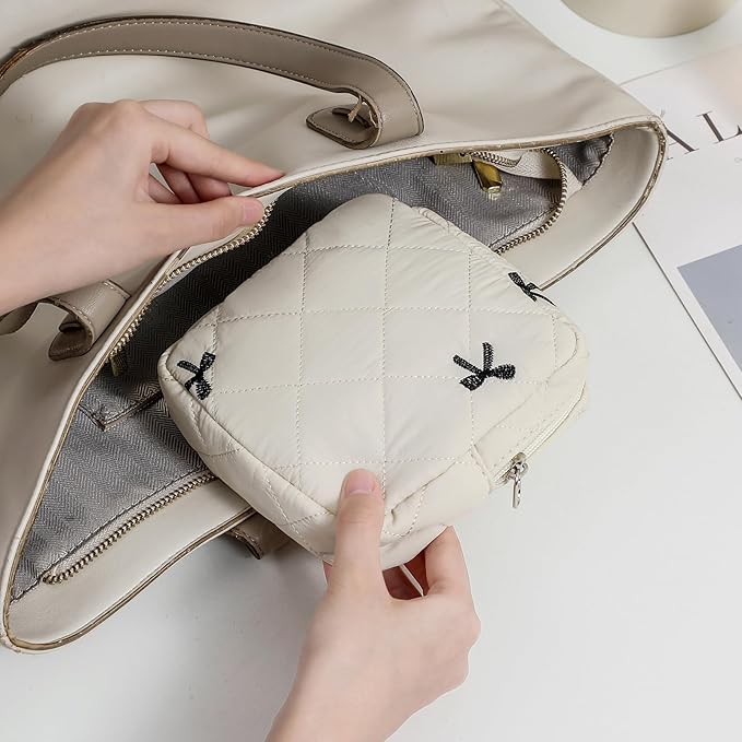 Small Quilted Cosmetic Pouch for Purse, Mini Cotton Makeup Bag with Compartments, Cute Zipper Lipstick Holder for Women (06Beige Bow)