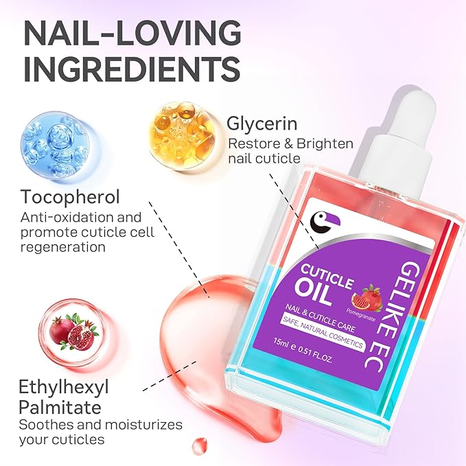 gelike ec Cuticle Oil for Repair Nails Pomegranate Smells Nail Treatment for Growth and Strengthen - Growth Oil Quick Dry Nail Care Moisturize Dry Damaged Salon and Home 15ML LARGE CAPACITY