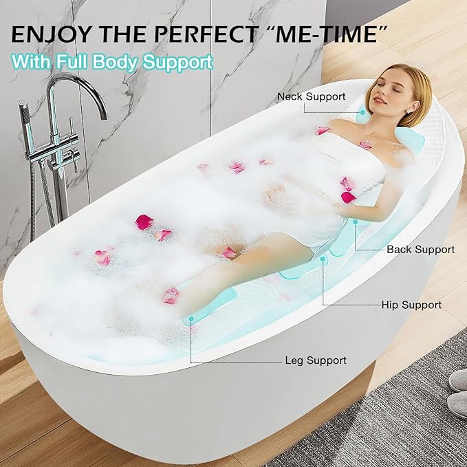 Full Body Bath Pillow for Bathtub, Thick Soft Tub Cushion with Non-Slip Suction Cups Dual Hooks, Luxury Spa Pillow for Neck Back and Hip Support, 55" x 18"