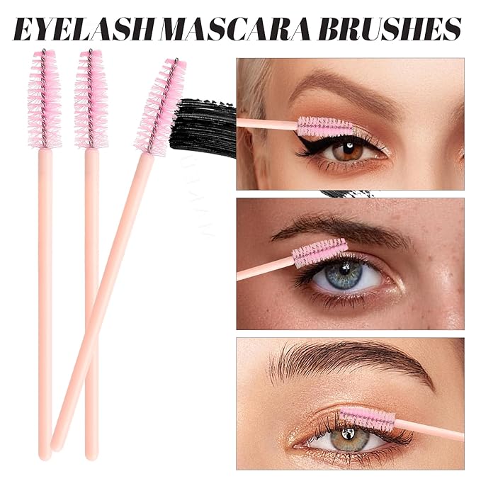 300 PCS Eyelash Extension Supplies Kit, Disposable Micro Swab Brush, Eyebrow Spoolie, Lip Brush, Mascara Wand Applicator (Light pink)