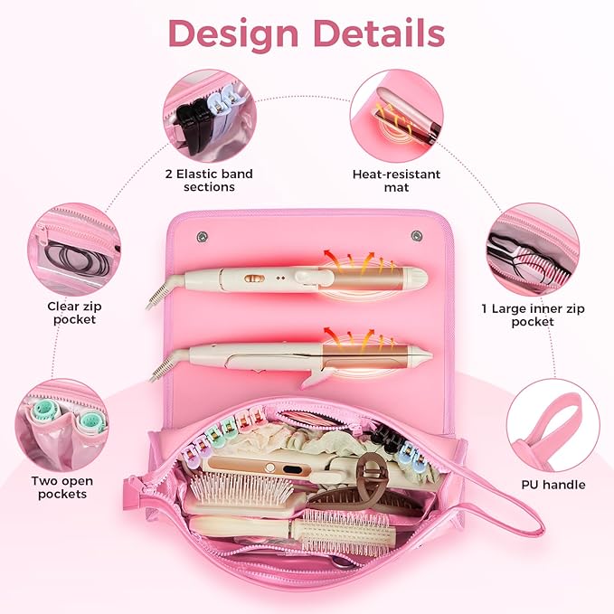 Hair Tools Travel Bag and Heat Resistant Mat, 2 in 1 Portable Organizer Hair Travel Case for Curling Iron, Hair Straightener, Flat Irons, PU Hangable Handle, Neoprene (Sweet Pink)