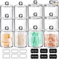 SheeChung 12-Pack Clear Acrylic Apothecary Jars with Labels - (6) 10oz &(6) 12oz Qtip Holder Set - Shatterproof Bathroom Vanity Organizer for Cotton Swabs,Balls,Pads-Minimalist storage