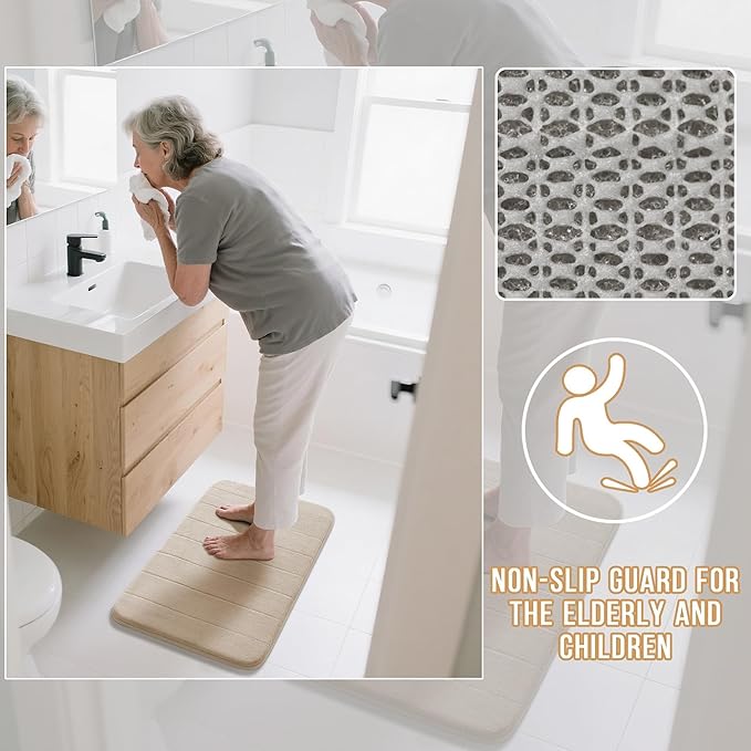 Yimobra Memory Foam Bathroom Rugs Sets 2 Piece - Super Soft Absorbent Quick Dry Bath Mat Set, Machine Washable Non Slip Floor Carpet for Tub Shower & Single Sink (17x24 & 31.5x20 Inch, Beige)