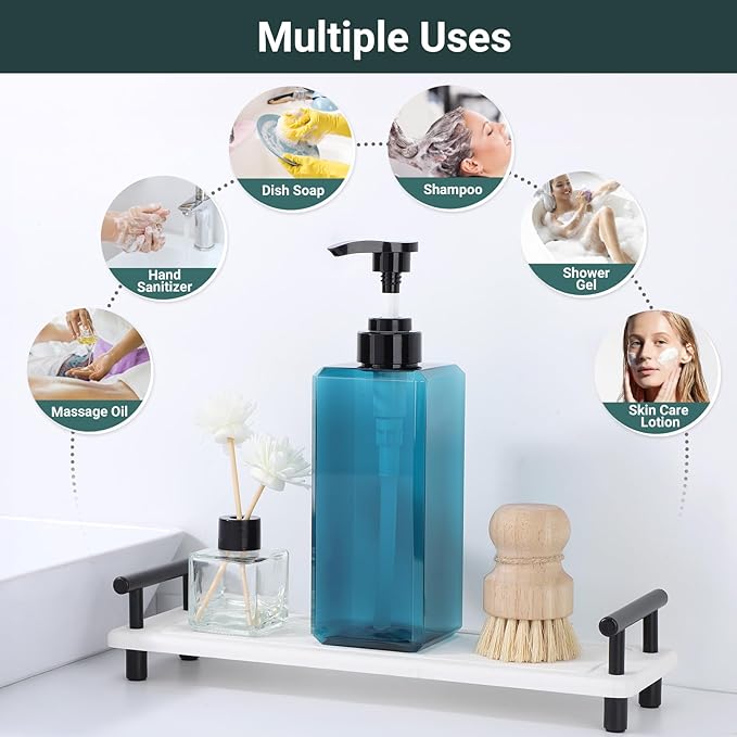 Suream Shampoo Dispenser for Shower, 22oz/650ml Shampoo and Conditioner Bottles with Labels, Lotion Bottle with Black Pump for Body Wash, Massage Oil, Moisturizer(Set of 3, Blue)
