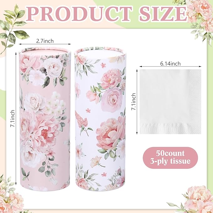 Ctosree 300 Sheets Spring Car Tissues Holder with Facial Tissues 3-ply Travel Tissue Tubes 6pk Floral Cylinder Box Container Fit for Car Cup Holder Office Decoration, 7.1 Inch(Champagne,White)