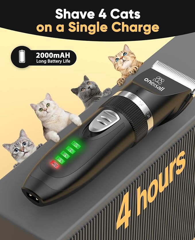 oneisall Quiet Cat Clippers for Matted & Long Hair, 2-Speed Cordless Pet Shaver Grooming Kit for Cats, Small Dogs & Animals (Black)
