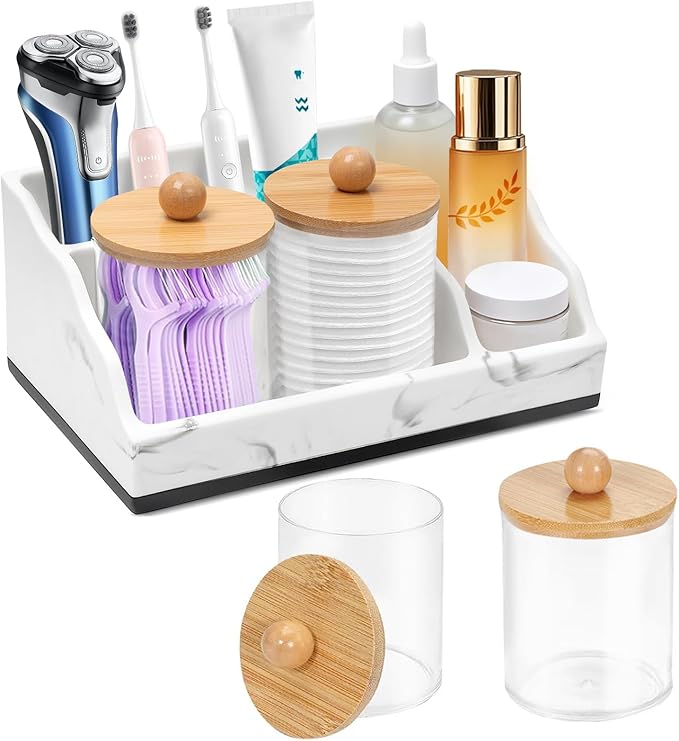 Bathroom Counter Organizer, White Marble Toothbrush Holders for Bathrooms with 2PCS Qtip Holder, Bathroom Organizer Countertop Toothbrush and Toothpaste Holder for Makeup Organizer for Vanity