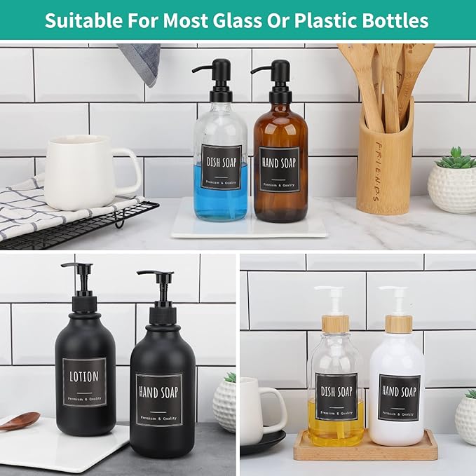 Segbeauty Kitchen Organization Labels, 18pcs Black Removable Waterproof Labels for Containers, Reusable Hand Soap Dispenser Sticker for Farmhouse Modern Home Cleaning Plastic Glass Bottles
