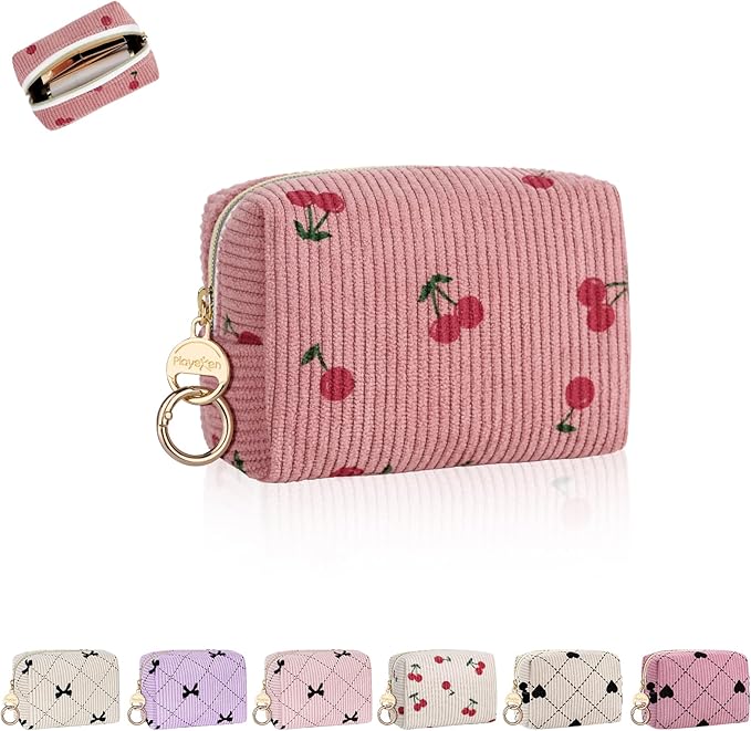 Mini Makeup Bag, Corduroy Small Cosmetic Bag for Purse with Ring Buckle, Cherry Travel Makeup Pouch for Lipsticks, Chapsticks, Coin, Earphone, Credit Card (Pink)