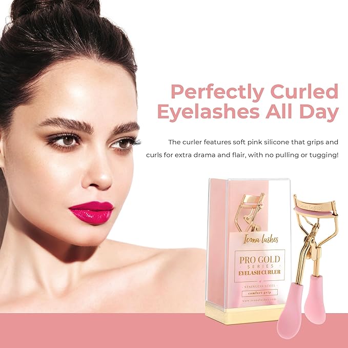 Eyelash Curler - 24K Gold-Plated Stainless Steel Precision Eye Lash Curler for Lush, Luxurious Lashes - Silicone Eyelash Curler Pads, Ergonomic Cushioned Handles - With Replacement Pads
