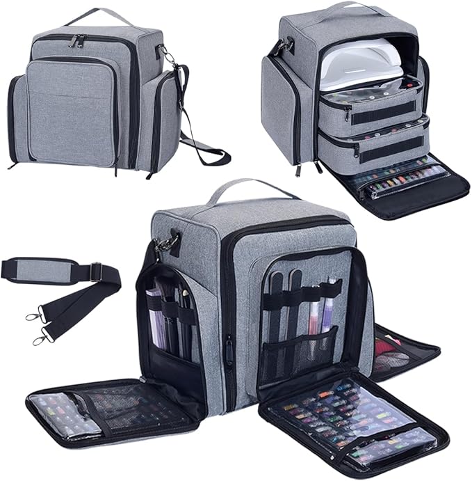 Nail Polish Organizer Holds 60 Bottles and a Nail Lamp,Portable Travel Case with 2 Removable Bags and Tools Storage Pockets Grey
