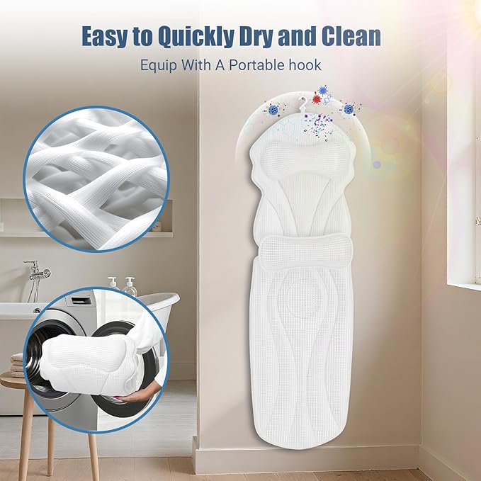 Full Body Bath Pillows for Tub Luxury Bathtub Pillow Cushion for Head,Shoulder,Back&Lumbar Support Thick Tub Pillow for Bathtub for Women Soft 5D Air Mesh Mat 12 Non-Slip Power Suction Cups (White)