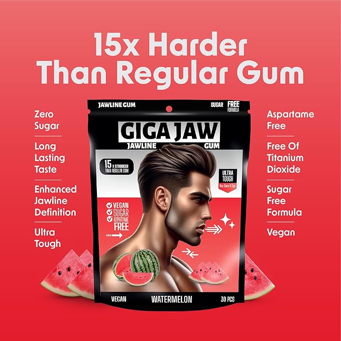 GigaJaw Jawline Gum - 15X Hardness for Effective Facial Exercise -Sugar-Free, Calorie-Free | Pack of 30 Pieces (Small, Watermelon)