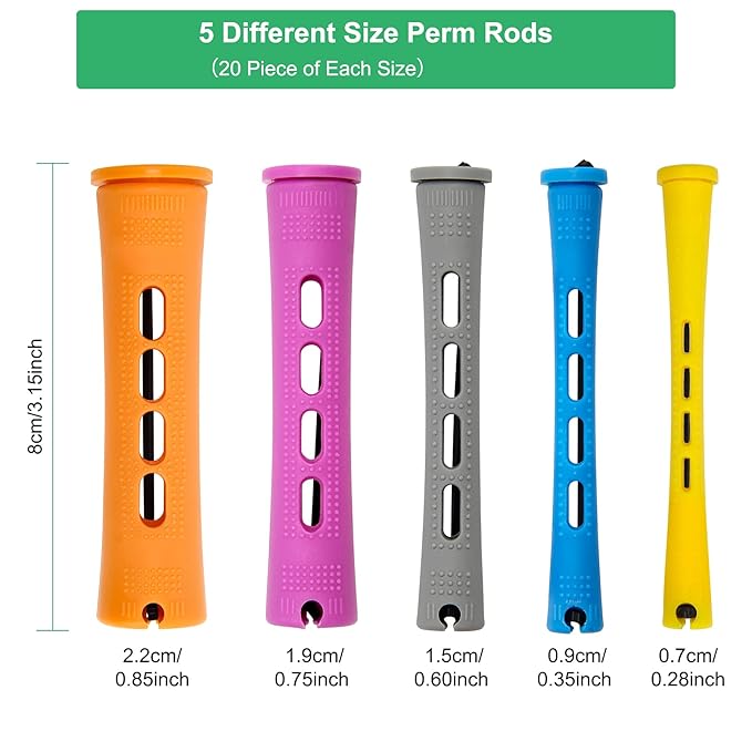 100 Pieces Nature Hair Curlers for Short Hair - Cold Wave Rollers with Elastic Bands, 5 Sizes for Curl Styling with Plastic Brush Combo