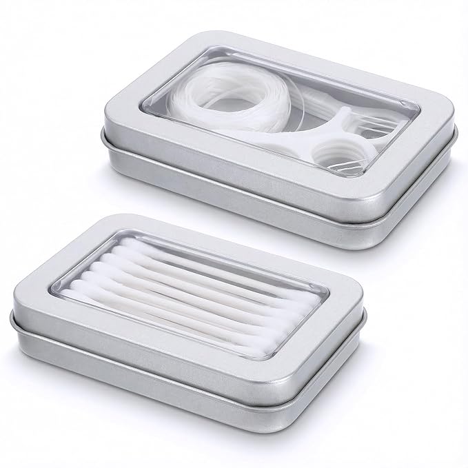 2Pcs Cotton Swab Holder for Travel, Portable Swab Case with Dustproof Lid, Travel Floss Picks Cases for Cotton Swabs Hair Ties Floss(Silver)