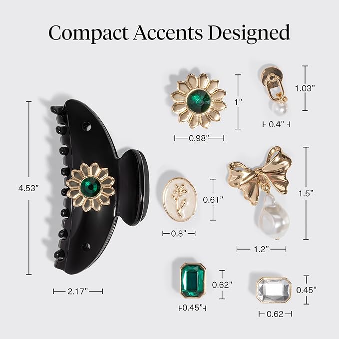 KitschPop ™ Hair Clips For Women with Charm Sets -Customizable Curved Claw Clip With Interchangeable Collectible Cute Charms | Ideal Gifts For Women -Vintage Black, 7pcs Set