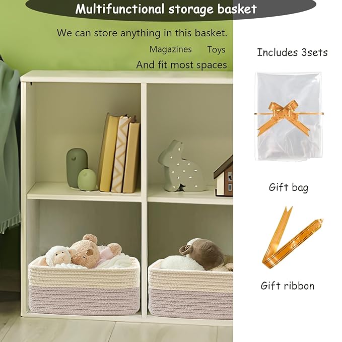 COMFY-HOMI 13" x 8.5" x 5.1" Storage Baskets for Organizing | Cotton Rope Woven Basket | Toy Storage Bin Box | Basket for Shelves,1 Pack,light brown