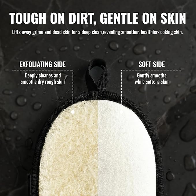 Natural Loofah for Men, 2PCS Black & White Set Egyptian Luffa Body Scrubber for Shower & Bath, Quick-Drying Exfoliating Sponge Pad for Men's Hygiene & Body Care - Travel Essentials & Gym Tool