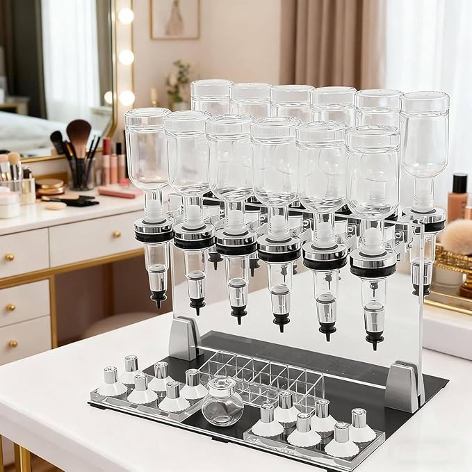 Perfume Dispenser Manual, 12 Bottles Pump Bottle Dispenser, Pump Dispenser Bottle Station Manual Perfume Dispenser Set, Perfume Liquid Filling Machine Transfer Tools for Perfume Store Studio Bar