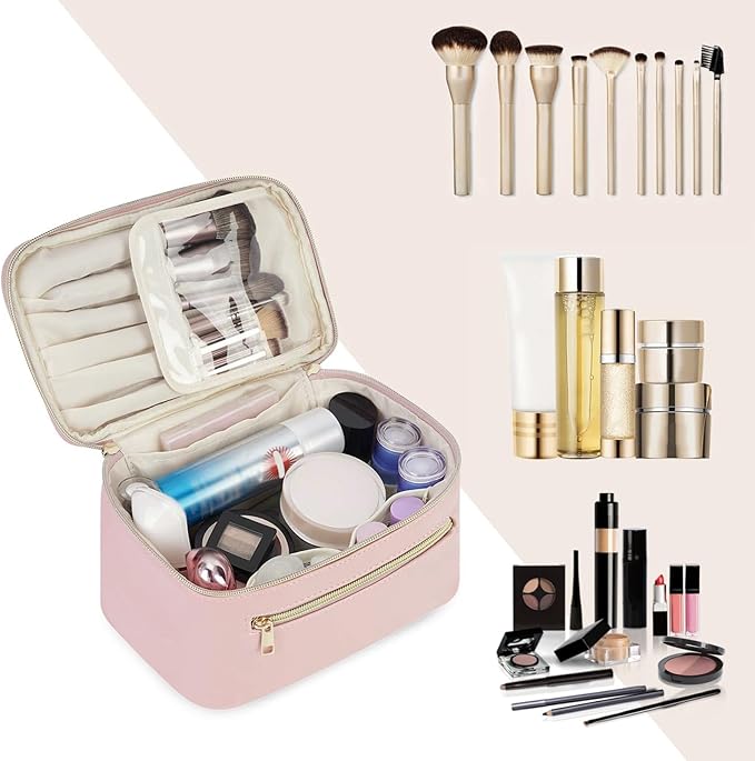 Wandering Nature Makeup Bag, Travel Make Up Organizer Cosmetic Brush Bags Case for Women in Vegan Leather, Pink, Patent Pending