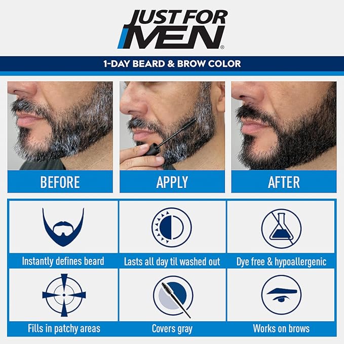 Just for Men 1-Day Beard & Brow Color, Temporary Color for Beard and Eyebrows, For a Fuller, Well-Defined Look, Up to 30 Applications, Dark Brown