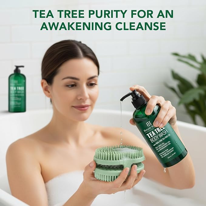 Botanic Hearth Tea Tree Body Wash 2Pack, with Silicone Dual-Sided Design Body Brush & Scrubber | Infused with 100% Pure Tea Tree Oil, Coconut, Jojoba |Foot & Body Cleanser | Paraben Free |16 fl oz