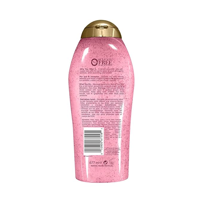 OGX Sensitive + Rose Water & Pink Sea Salt Exfoliating Body Scrub + Rose Quartz, Gentle Exfoliating Daily Wash Softens Skin, Body Scrub for Women, Sulfate-Free Surfactants, 19.5 fl oz (Pack of 3)