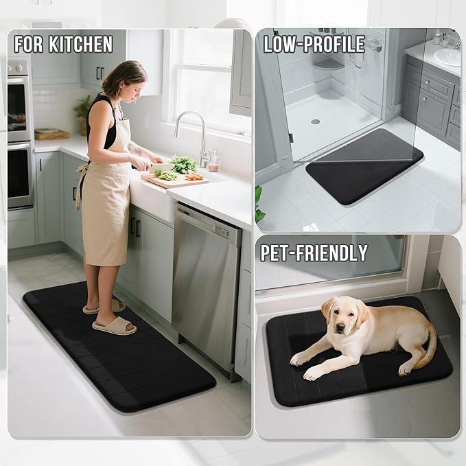 Yimobra U-Shaped Toilet Bath Mat Set 2 Piece - Super Soft Absorbent Quick Dry Memory Foam Bathroom Rugs, Machine Washable Non Slip Floor Carpet for Tub Shower & Single Sink (17x24 & 24x20, Black)