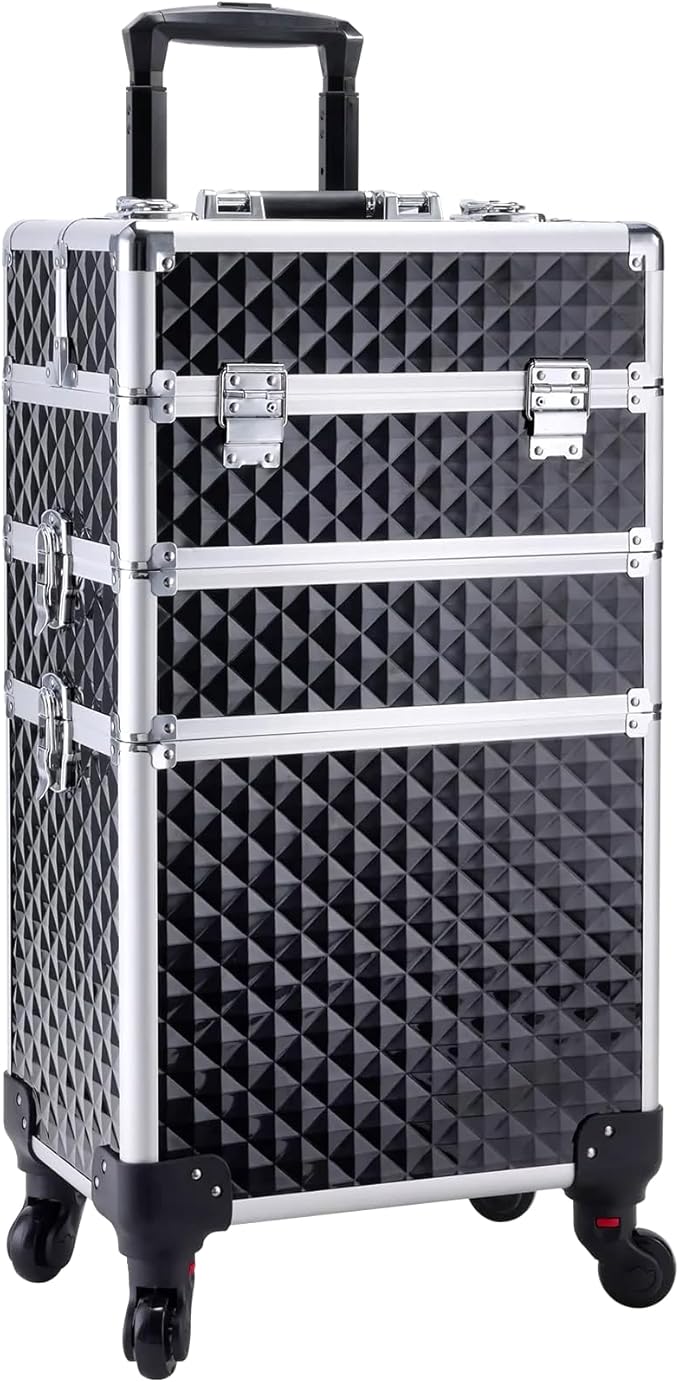 Adazzo 3 in 1 Professional Rolling Makeup Train Case Aluminum Trolley Case with 360° Rotation Wheels for Makuep Artist Cosmetic Suitcase Organizer with Lock and Key Diamond Pattern - Black