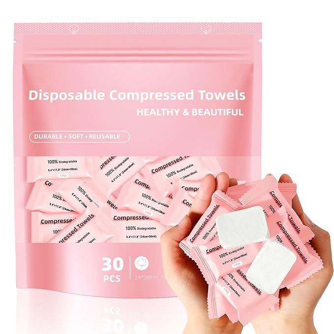 Compressed Disposable Face Towel, Thicker Individually Packaged Compressed Towels Dry Wipes, 30 PCS Large Size Coin Tissue Portable Washcloth for Travel Camping Hiking Outdoor Sports Beauty Salon