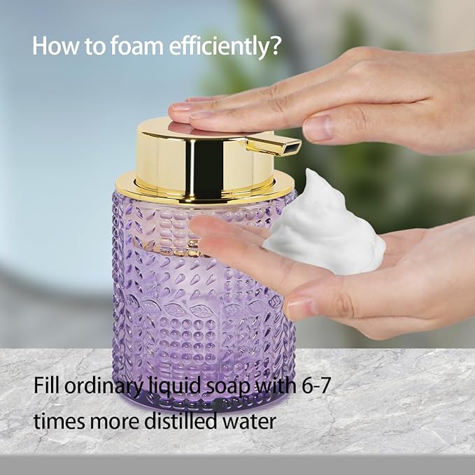 Foaming Soap Dispenser, Purple Glass Foam Soap Dispenser with Gold Pump, Refillable 10oz Lotion Liquid Container Pump Bottle for Bathroom Kitchen Countertop