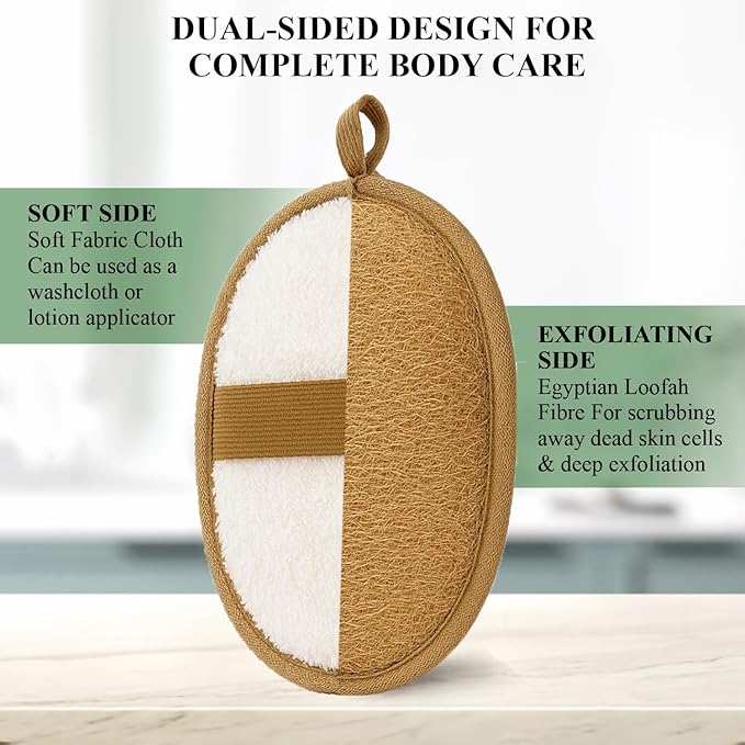 Natural Loofah Exfoliating Body Scrubber (Pack of 2) - Made from Egyptian Luffa, Gentle Bath Sponge for Men and Women - Deep Cleansing Soft Pad Dual-Sided w/Terry Cloth, Hand Strap for Shower & Spa