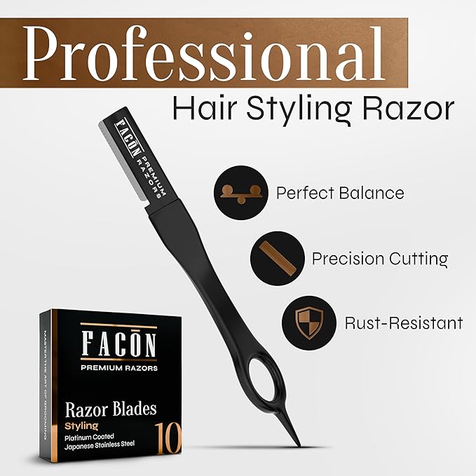 Facón Beard Razor for Men - Professional Beard Shaping Tool Grooming Kit with 11 Replacement Blades, Mustache Shaper, Edger & Lineup, Premium Precision Straight Edge Razor 100% Stainless Steel Blade