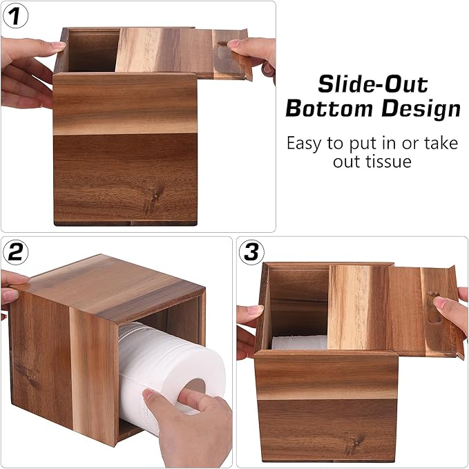 Tissue Box Cover Square, Acacia Wood Tissue Box Holder with Slide-Out Bottom, Wooden Tissue Box Cover Cube for Bathroom, Bedroom, Dinner Table, Office,Kitchen
