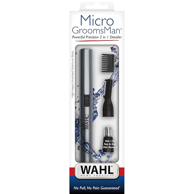 WAHL Micro Groomsman Personal Trimmer, Battery Powered | Rinseable Heads | Interchangeable Heads | For Facial Detailing | Model 05640-600