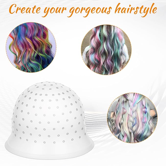 2 Pcs Highlight Cap and Hook, White Silicone Reusable Highlighting Cap with 4.72 Inch Hook for Hair Coloring, Dyeing & Staining, Salon & Home Use (8.66 Inch Diameter)