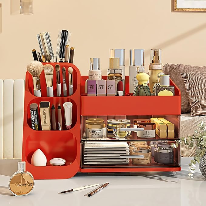 Red Makeup Organizer with Drawers for Vanity, Spacious Cosmetic Display Case, Perfect Storage Solution for Your Beauty Essential